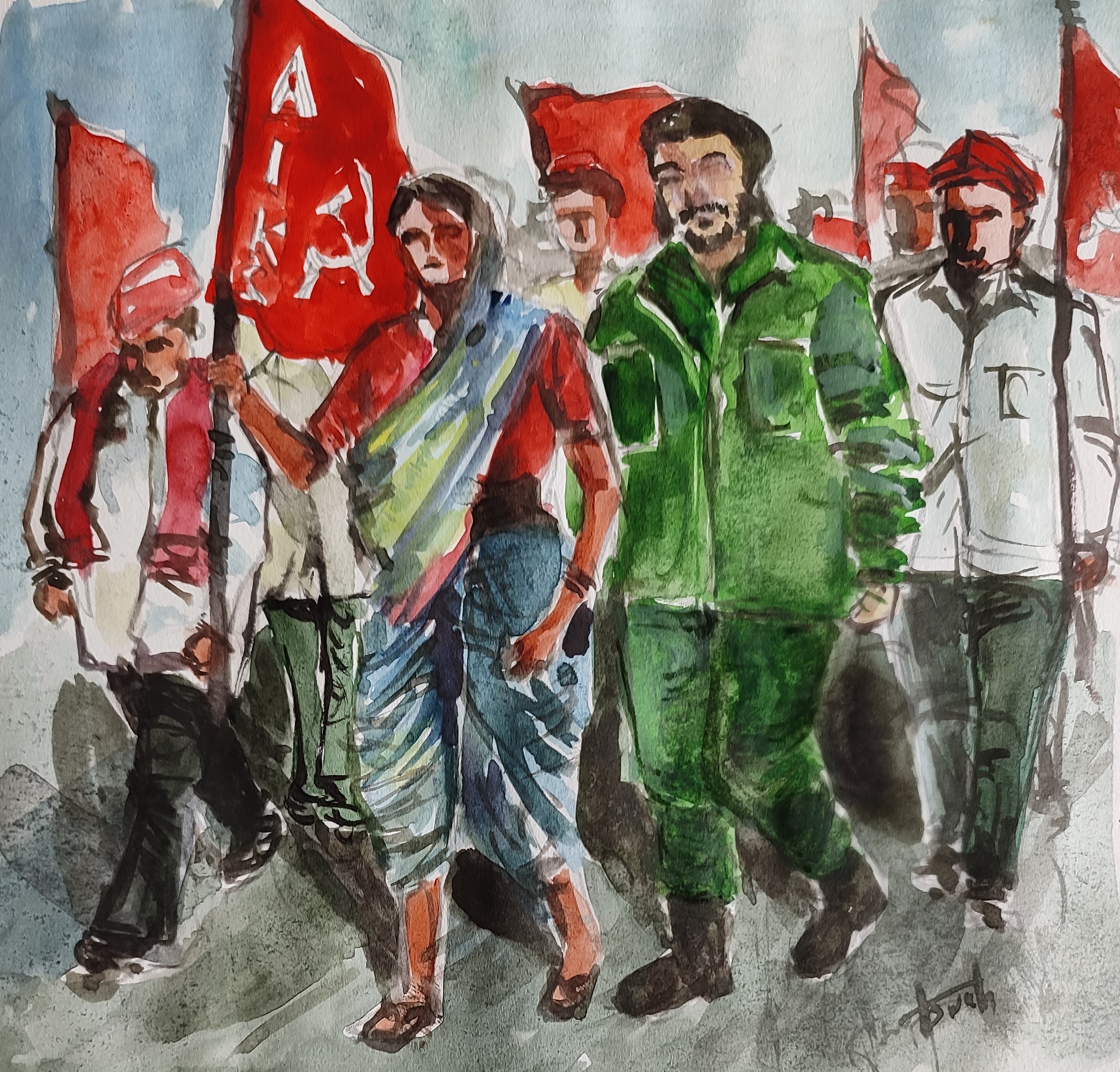 Aswath Madhavan (Young Socialist Artists, India), Marching with the Peasants, 2021.